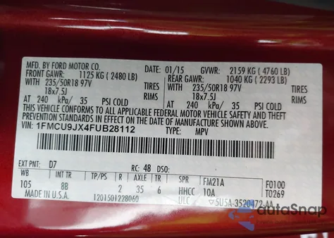 2015 Ford Escape Titanium from USA, damaged, VIN 1FMCU9JX4FUB28112